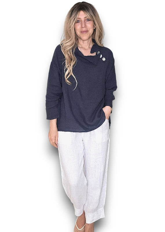 Navy Pearl Button Moku Long Sleeve Top