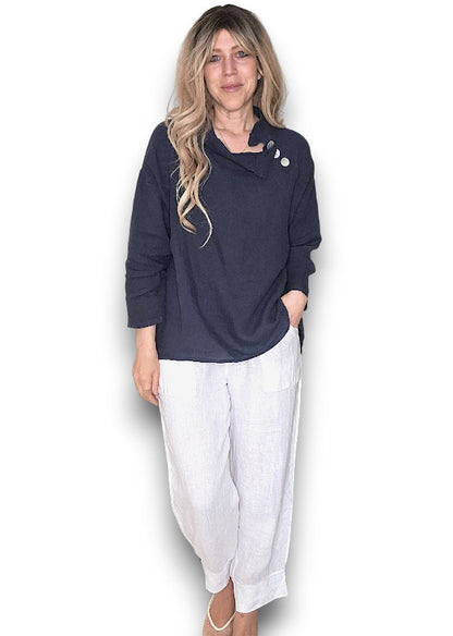 Navy Pearl Button Moku Long Sleeve Top