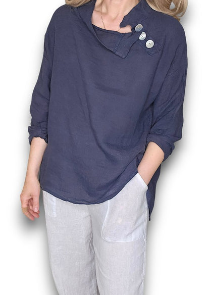 Navy Pearl Button Moku Long Sleeve Top