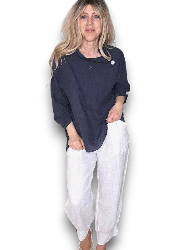 Navy Pearl Button Moku Long Sleeve Top