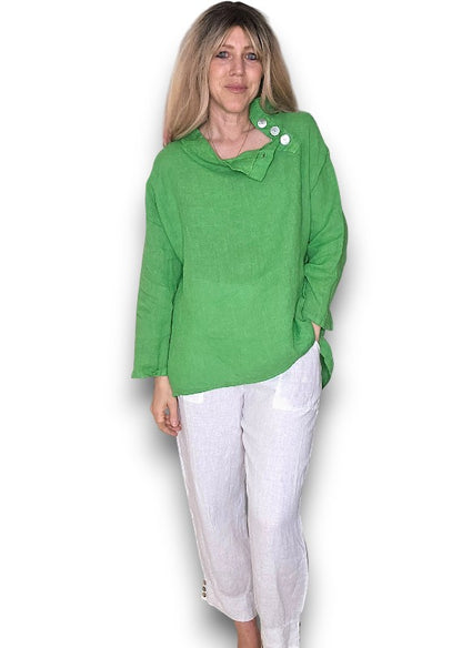 Bright Green Pearl Button Moku Long Sleeve Top
