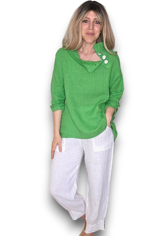 Bright Green Pearl Button Moku Long Sleeve Top