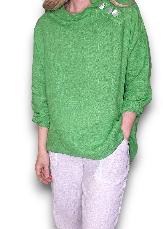 Bright Green Pearl Button Moku Long Sleeve Top