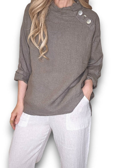Mocha Pearl Button Moku Long Sleeve Top
