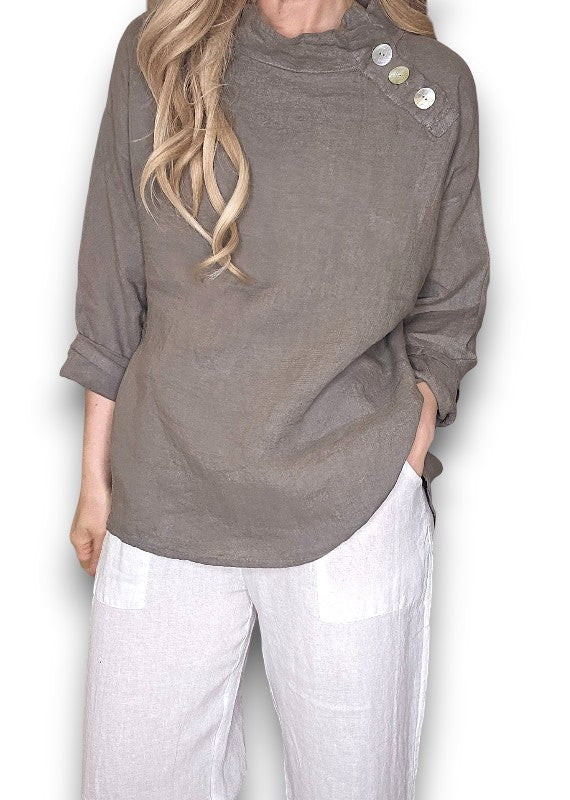 Mocha Pearl Button Moku Long Sleeve Top