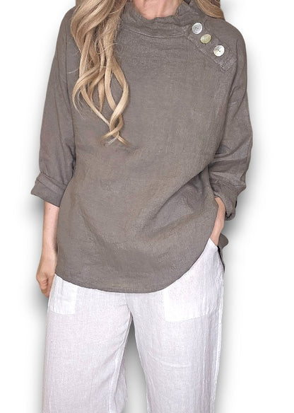 Mocha Pearl Button Moku Long Sleeve Top