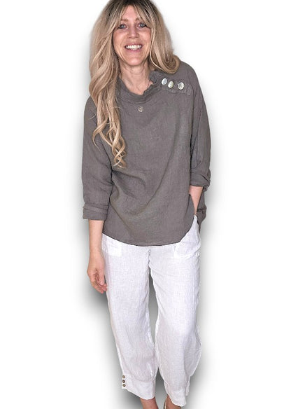 Mocha Pearl Button Moku Long Sleeve Top