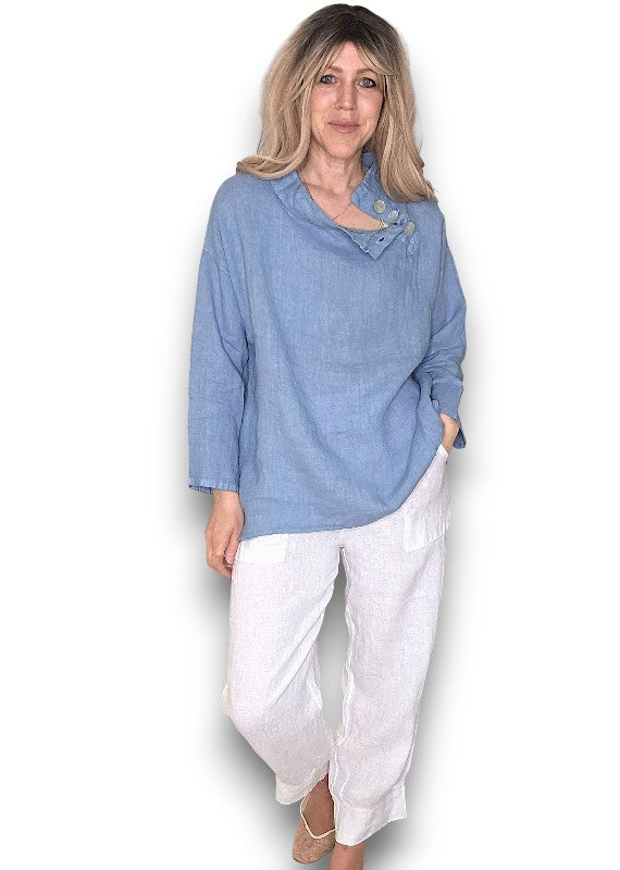 Petrol Pearl Button Moku Long Sleeve Top