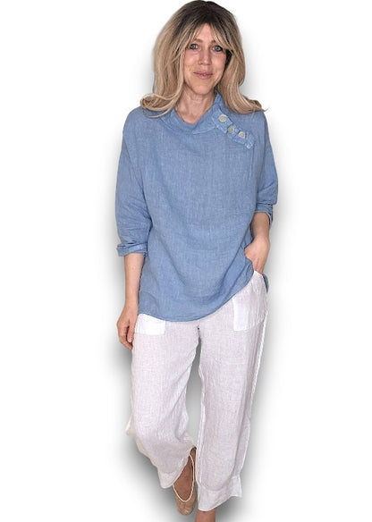 Petrol Pearl Button Moku Long Sleeve Top