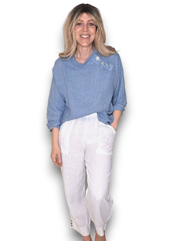 Petrol Pearl Button Moku Long Sleeve Top