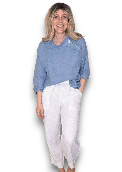 Petrol Pearl Button Moku Long Sleeve Top