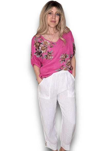 White Mini Button Linen Pants