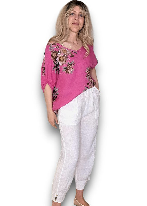 White Mini Button Linen Pants