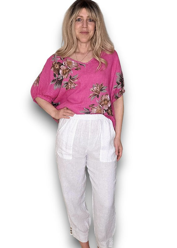 White Mini Button Linen Pants