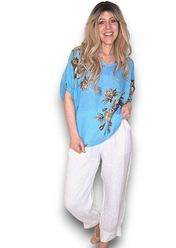 Turquoise Spring Blossom Linen Top