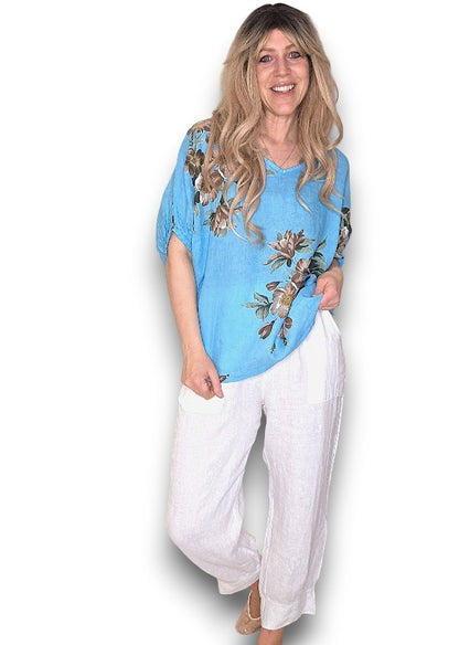 Turquoise Spring Blossom Linen Top