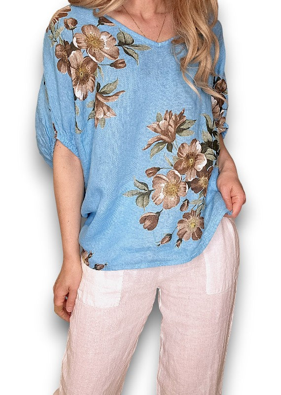 Turquoise Spring Blossom Linen Top