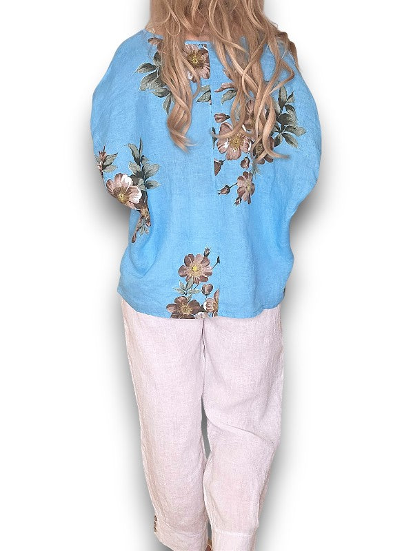 Turquoise Spring Blossom Linen Top