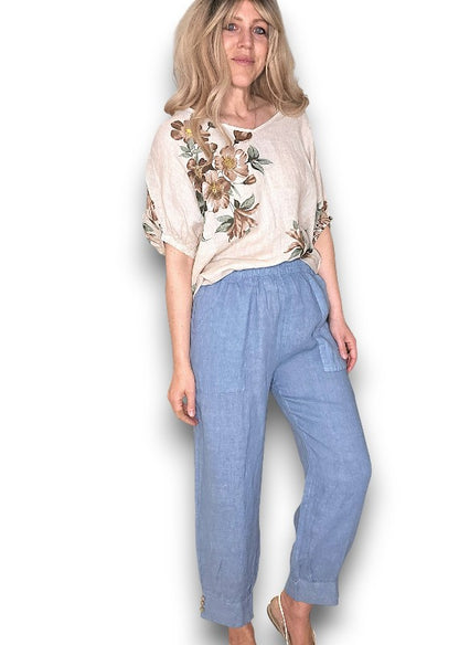 Beige Spring Blossom Linen Top