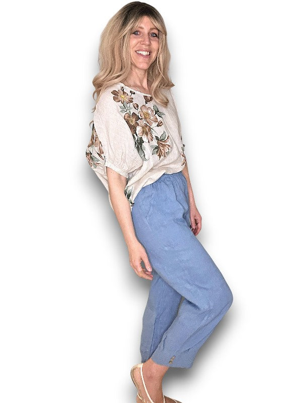 Beige Spring Blossom Linen Top