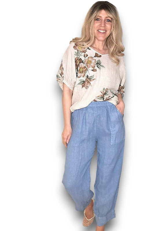 Beige Spring Blossom Linen Top