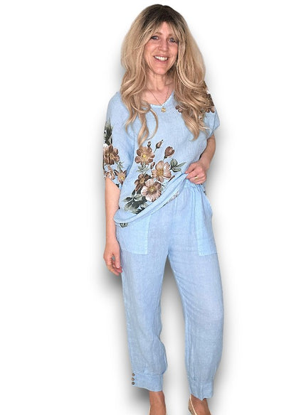 Sky Blue Mini Button Linen Pants