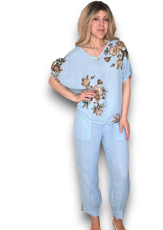 Sky Blue Mini Button Linen Pants