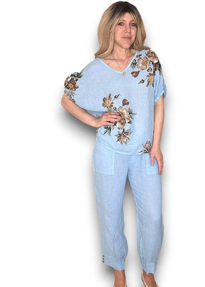 Sky Blue Mini Button Linen Pants