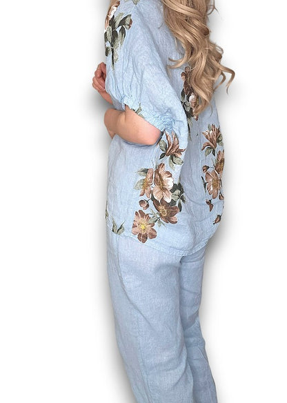 Sky Blue Mini Button Linen Pants