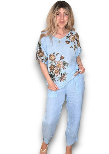 Sky Blue Mini Button Linen Pants