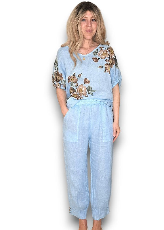 Sky Blue Mini Button Linen Pants