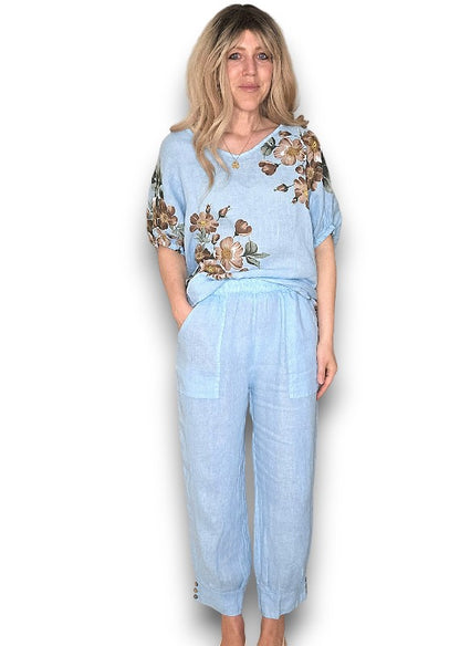 Sky Blue Mini Button Linen Pants