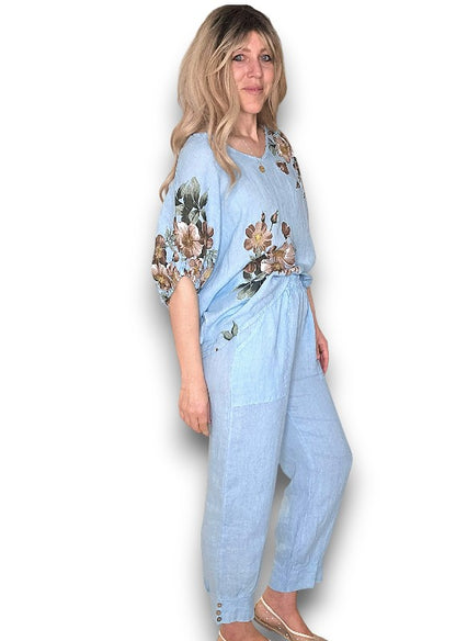 Sky Blue Mini Button Linen Pants
