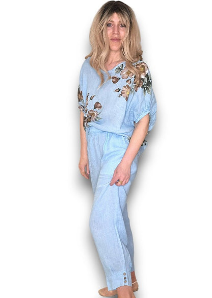 Sky Blue Mini Button Linen Pants