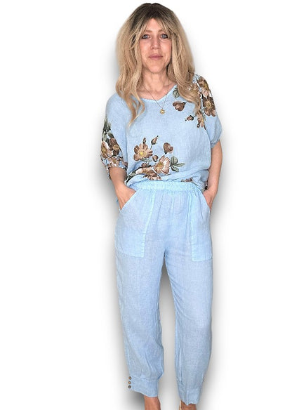 Sky Blue Mini Button Linen Pants