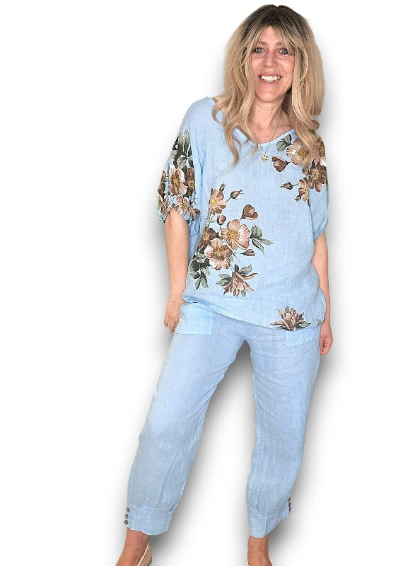 Sky Blue Mini Button Linen Pants