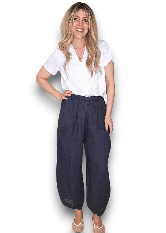 Navy Barrel Linen Pants