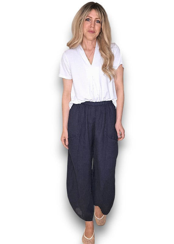 Navy Barrel Linen Pants