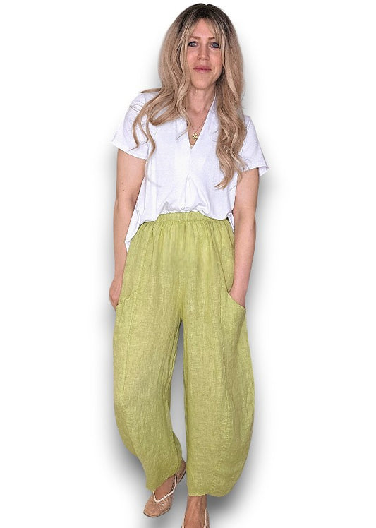 Antique Lime Barrel Linen Pants