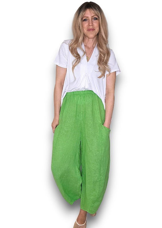 Bright Green Barrel Linen Pants