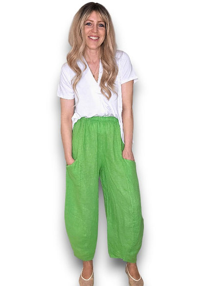 Bright Green Barrel Linen Pants