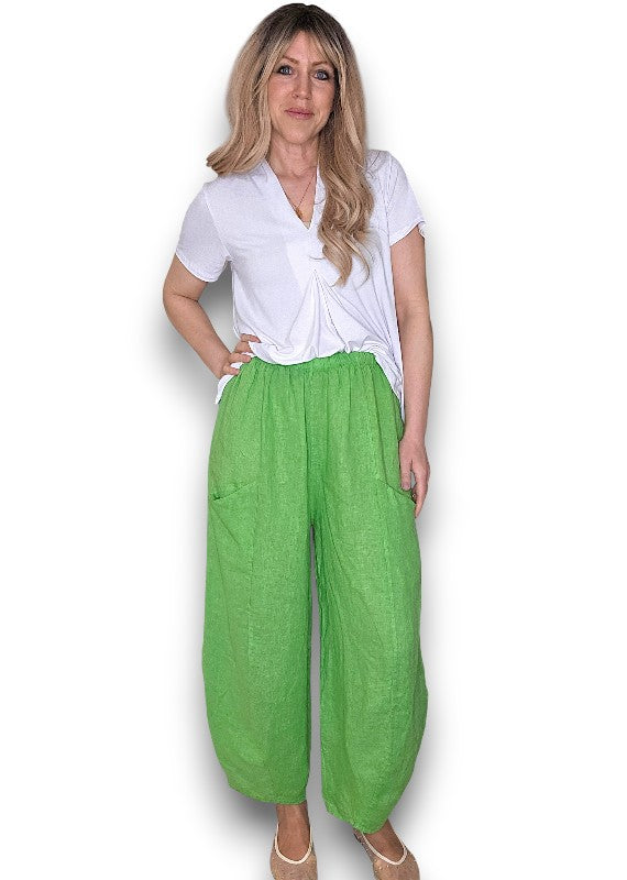 Bright Green Barrel Linen Pants