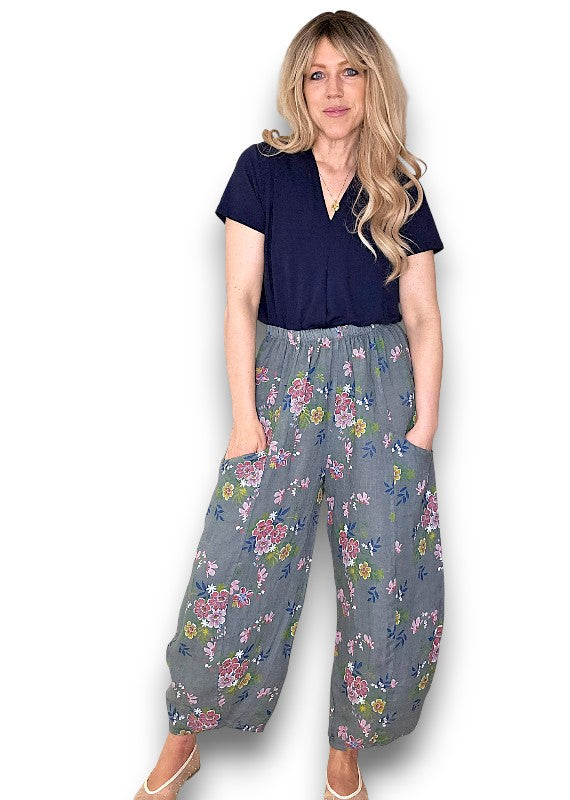 Grey Wild Daisy Barrel Pant