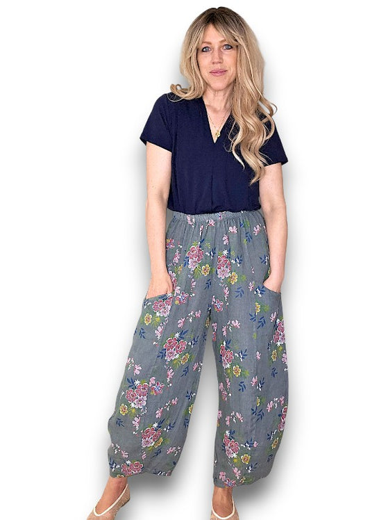Grey Wild Daisy Barrel Pant