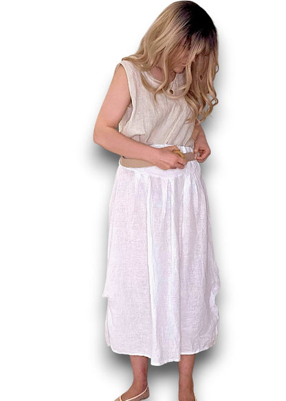 White Midi Raffia Belt Linen Skirt