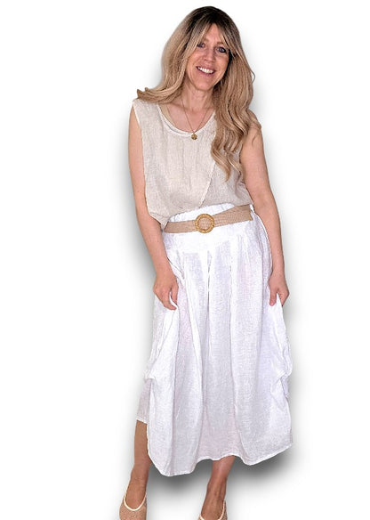 White Midi Raffia Belt Linen Skirt
