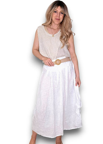 White Midi Raffia Belt Linen Skirt