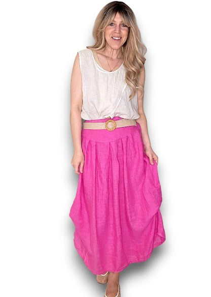 Hot Pink Midi Raffia Belt Linen Skirt