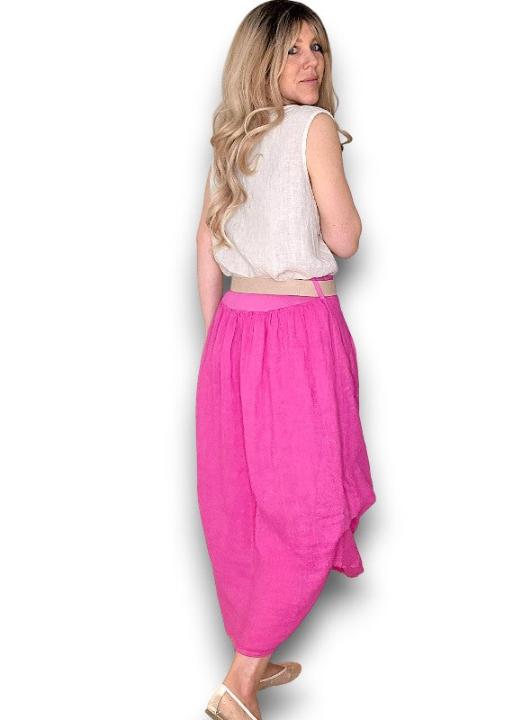 Hot Pink Midi Raffia Belt Linen Skirt