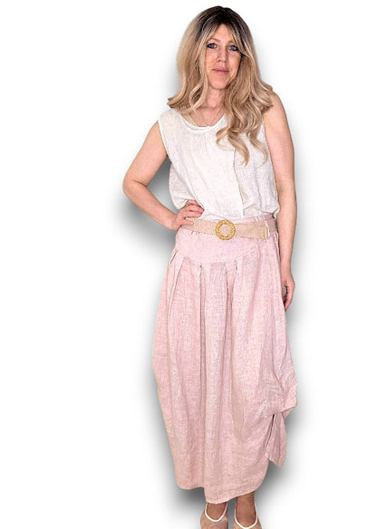 Baby Pink Midi Raffia Belt Linen Skirt